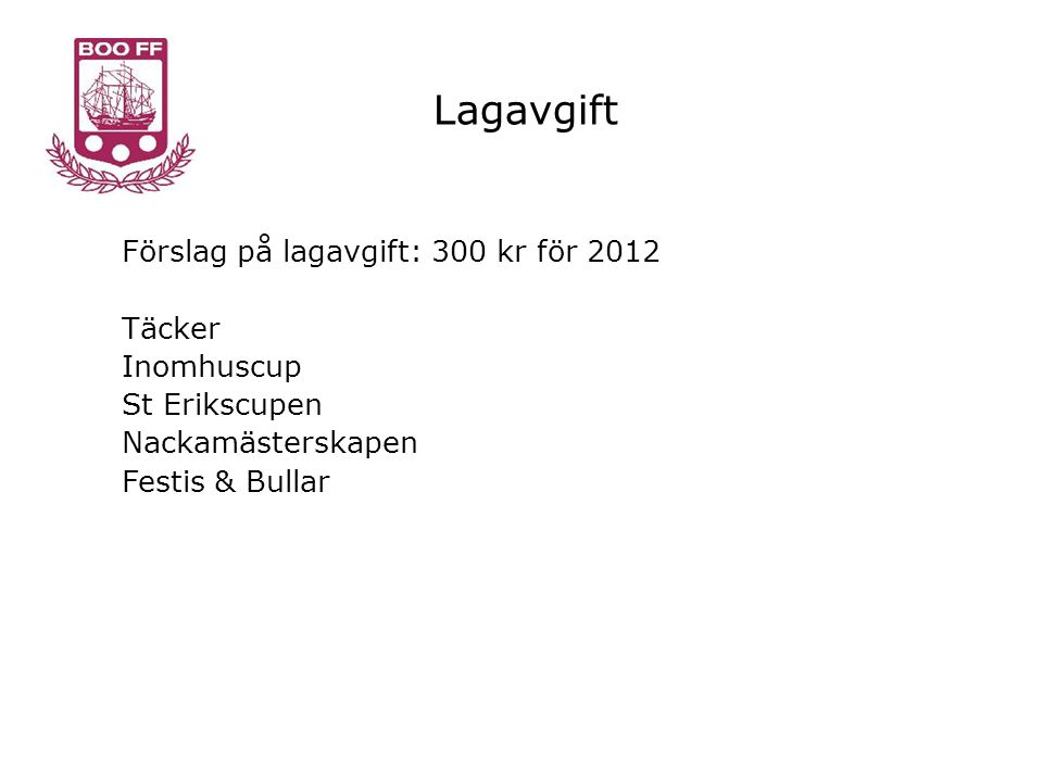 Lagavgift Förslag på lagavgift: 300 kr för 2012 Täcker Inomhuscup St Erikscupen Nackamästerskapen Festis & Bullar