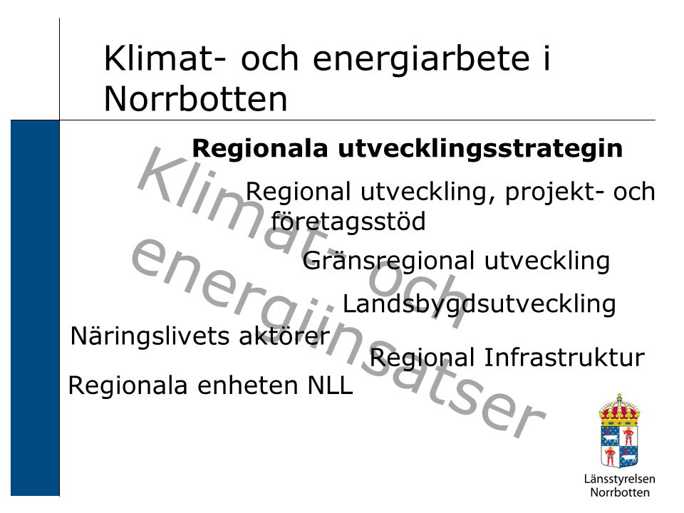 Klimat- och energiinsatser Klimat- och energiarbete i Norrbotten Näringslivets aktörer Regionala enheten NLL Gränsregional utveckling Regional Infrastruktur Regional utveckling, projekt- och företagsstöd Landsbygdsutveckling Regionala utvecklingsstrategin