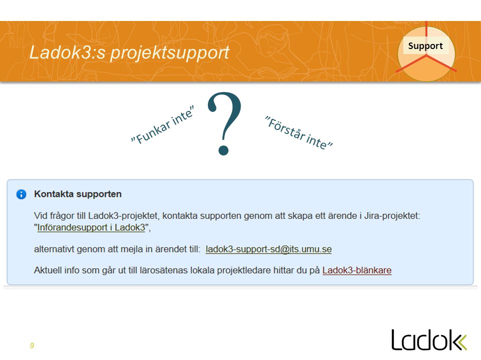 9 Ladok3:s projektsupport Support Förstår inte Funkar inte