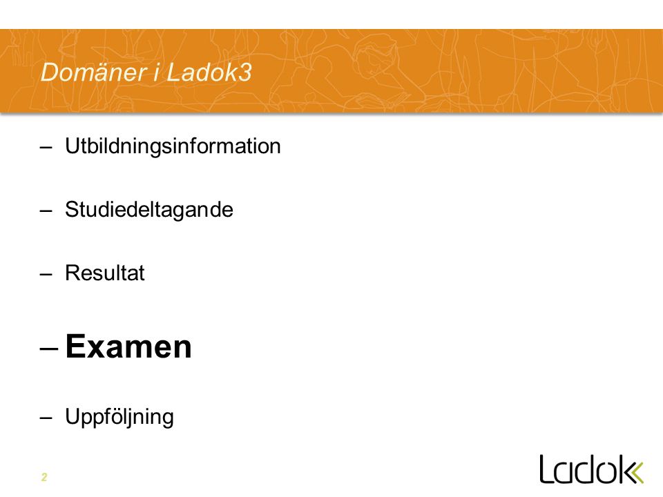 2 Domäner i Ladok3 –Utbildningsinformation –Studiedeltagande –Resultat –Examen –Uppföljning