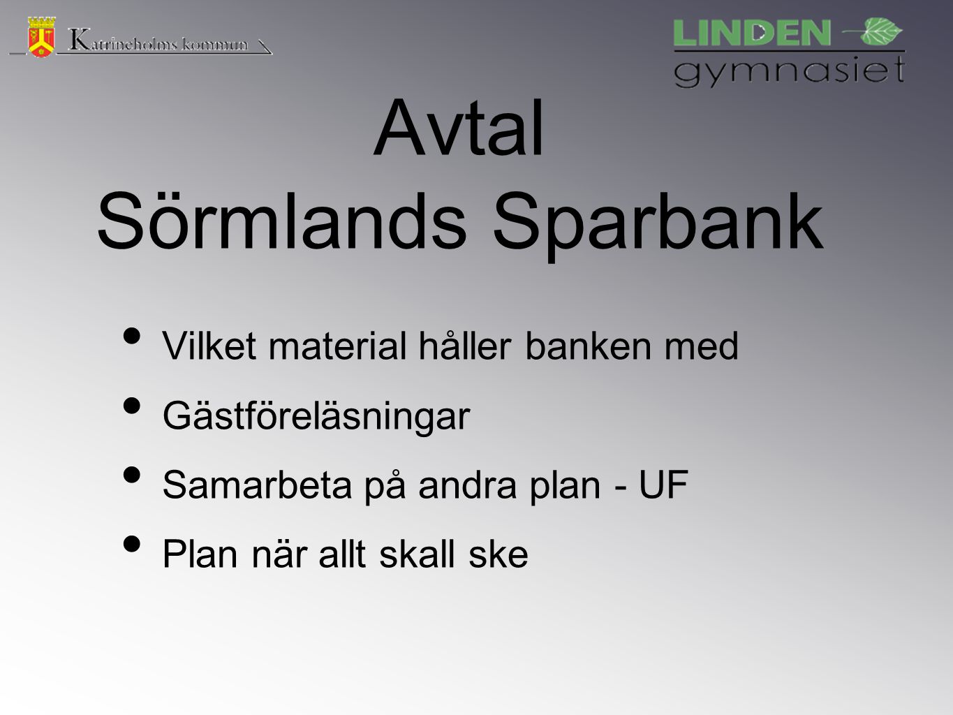 Avtal Sörmlands Sparbank Vilket material håller banken med Gästföreläsningar Samarbeta på andra plan - UF Plan när allt skall ske