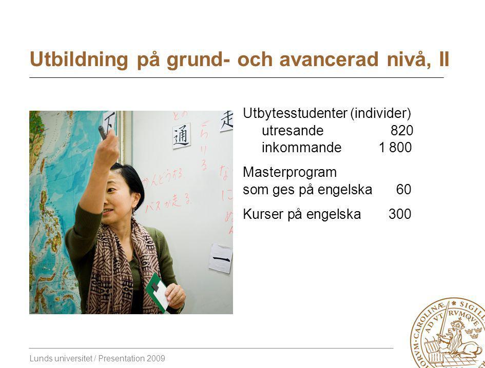 Lunds universitet / Presentation 2009 Utbildning på grund- och avancerad nivå, II Utbytesstudenter (individer) utresande 820 inkommande Masterprogram som ges på engelska60 Kurser på engelska300