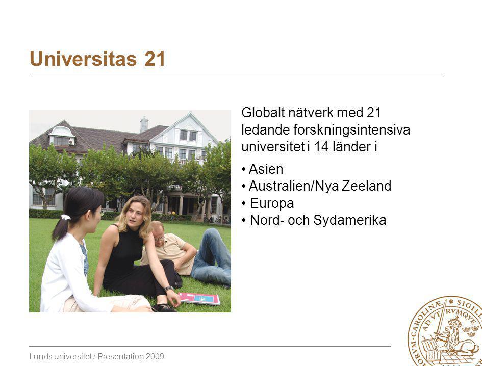 Lunds universitet / Presentation 2009 Universitas 21 Globalt nätverk med 21 ledande forskningsintensiva universitet i 14 länder i Asien Australien/Nya Zeeland Europa Nord- och Sydamerika