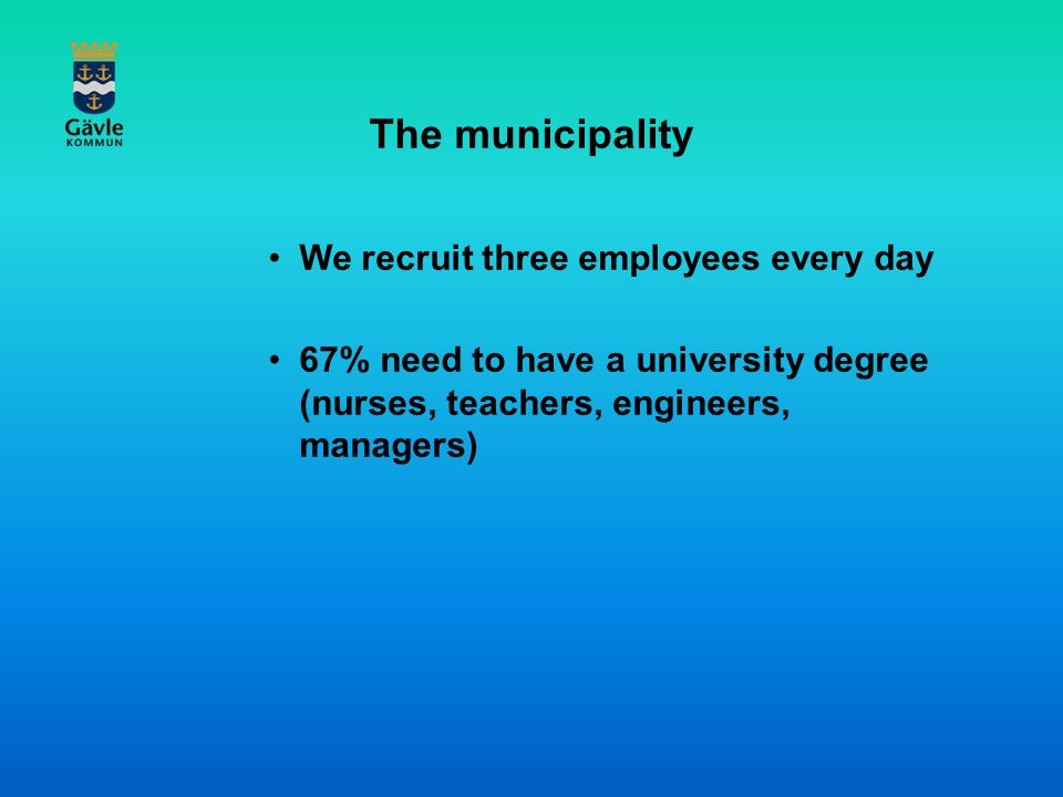The municipality We recruit three employees every day 67% need to have a university degree (nurses, teachers, engineers, managers)