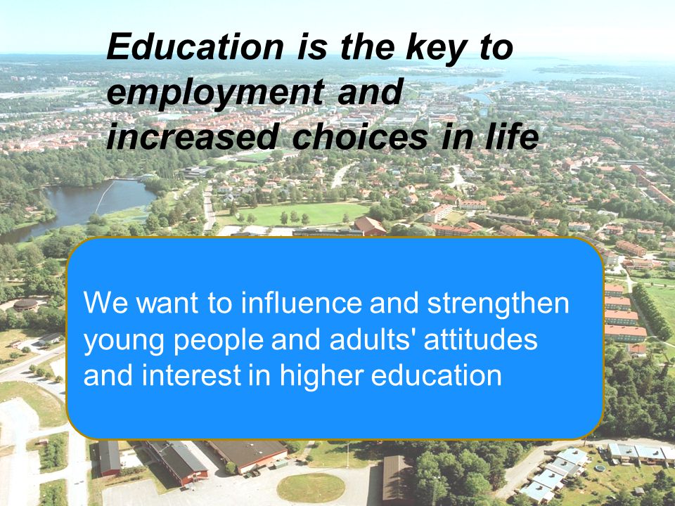 We want to influence and strengthen young people and adults attitudes and interest in higher education Education is the key to employment and increased choices in life