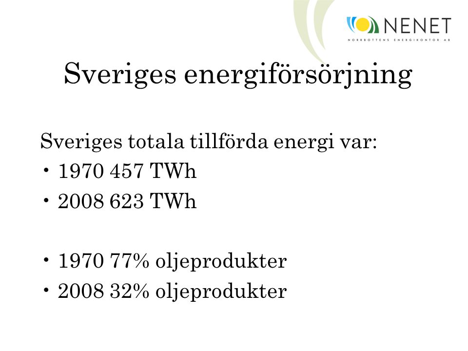 Sveriges energiförsörjning Sveriges totala tillförda energi var: TWh TWh % oljeprodukter % oljeprodukter