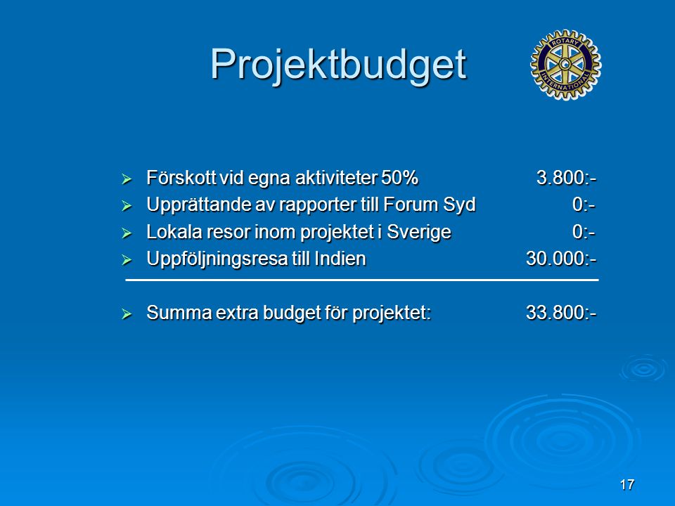 17 Projektbudget  Förskott vid egna aktiviteter 50% 3.800:-  Upprättande av rapporter till Forum Syd 0:-  Lokala resor inom projektet i Sverige 0:-  Uppföljningsresa till Indien :-  Summa extra budget för projektet:33.800:-