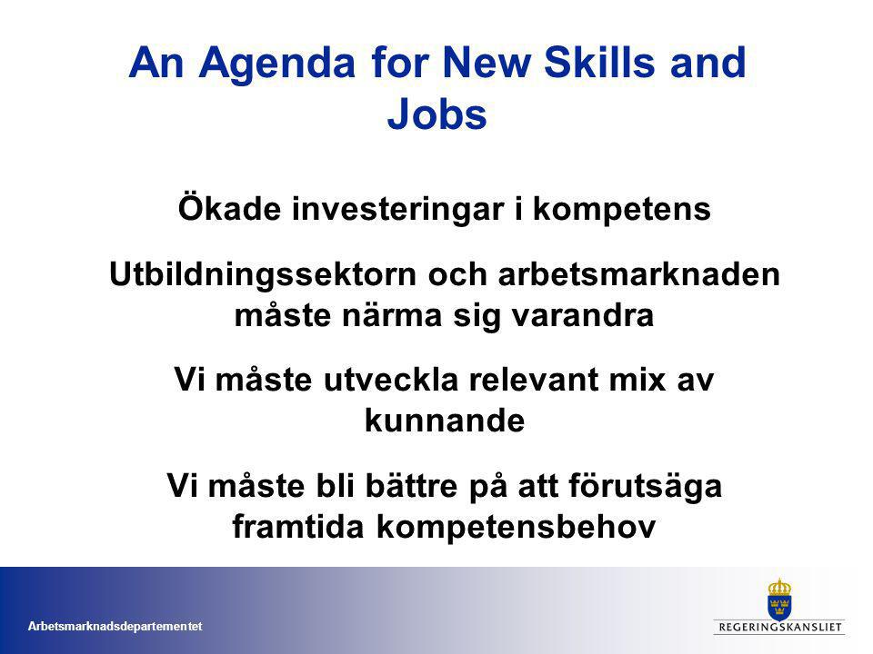 Arbetsmarknadsdepartementet An Agenda for New Skills and Jobs Ökade investeringar i kompetens Utbildningssektorn och arbetsmarknaden måste närma sig varandra Vi måste utveckla relevant mix av kunnande Vi måste bli bättre på att förutsäga framtida kompetensbehov