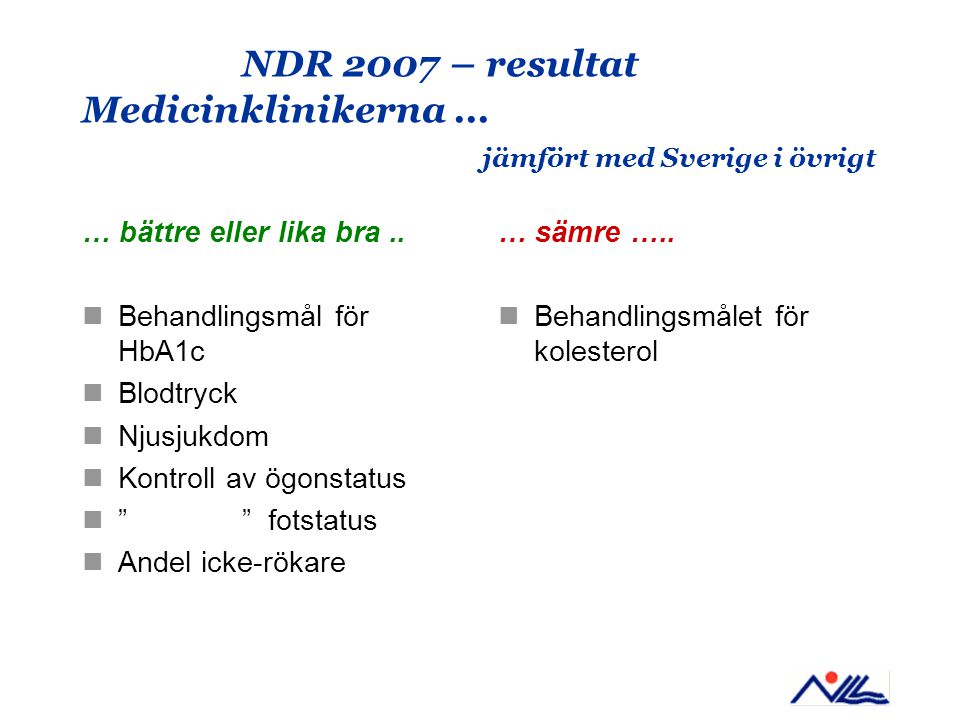 NDR 2007 – resultat Medicinklinikerna... jämfört med Sverige i övrigt … bättre eller lika bra..