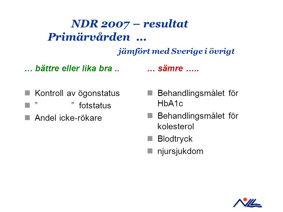 NDR 2007 – resultat Primärvården... jämfört med Sverige i övrigt … bättre eller lika bra..