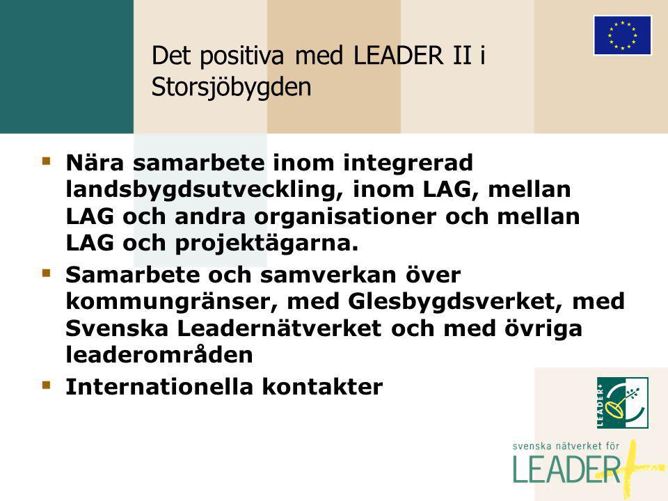 Det positiva med LEADER II i Storsjöbygden  Nära samarbete inom integrerad landsbygdsutveckling, inom LAG, mellan LAG och andra organisationer och mellan LAG och projektägarna.