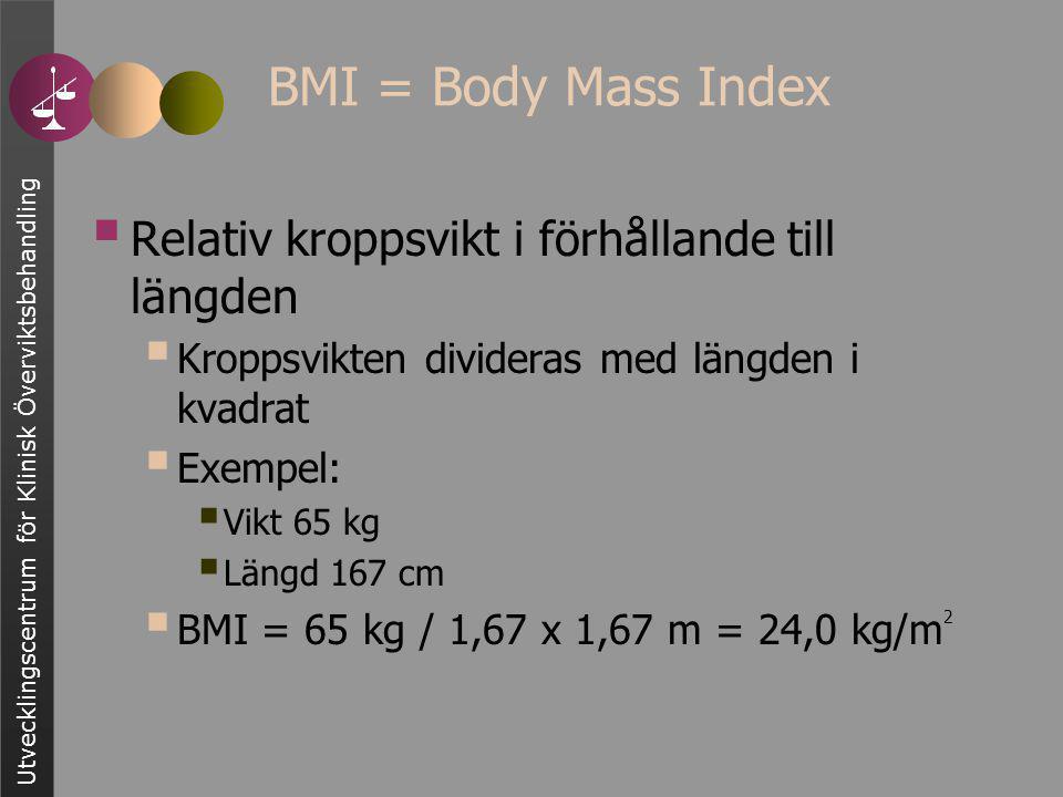  Relativ kroppsvikt i förhållande till längden  Kroppsvikten divideras med längden i kvadrat  Exempel:  Vikt 65 kg  Längd 167 cm  BMI = 65 kg / 1,67 x 1,67 m = 24,0 kg/m 2 BMI = Body Mass Index
