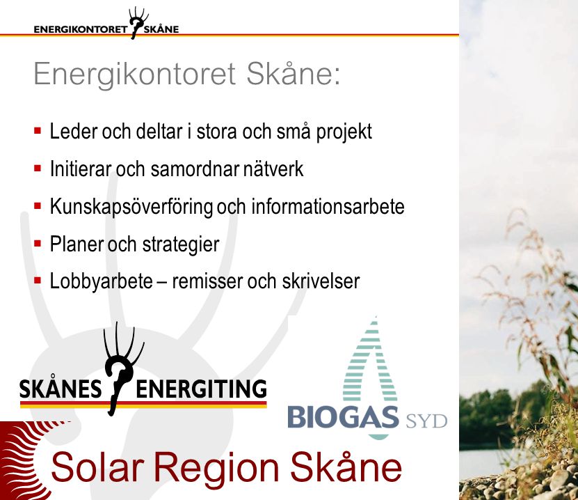 Energikontoret Skåne:  Leder och deltar i stora och små projekt  Initierar och samordnar nätverk  Kunskapsöverföring och informationsarbete  Planer och strategier  Lobbyarbete – remisser och skrivelser Solar Region Skåne
