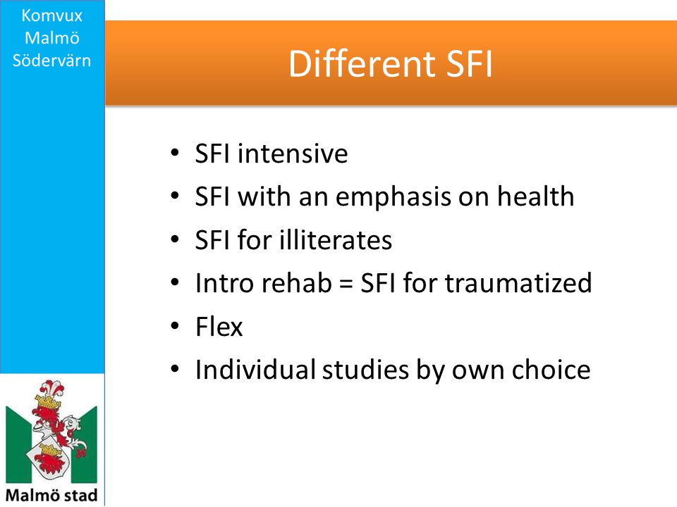 Different SFI SFI intensive SFI with an emphasis on health SFI for illiterates Intro rehab = SFI for traumatized Flex Individual studies by own choice