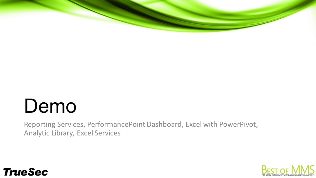 Demo Reporting Services, PerformancePoint Dashboard, Excel with PowerPivot, Analytic Library, Excel Services