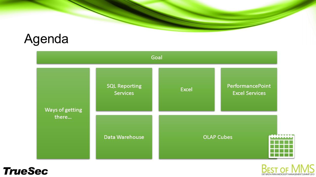 Agenda Excel SQL Reporting Services Data Warehouse PerformancePoint Excel Services PerformancePoint Excel Services OLAP Cubes Ways of getting there… Goal