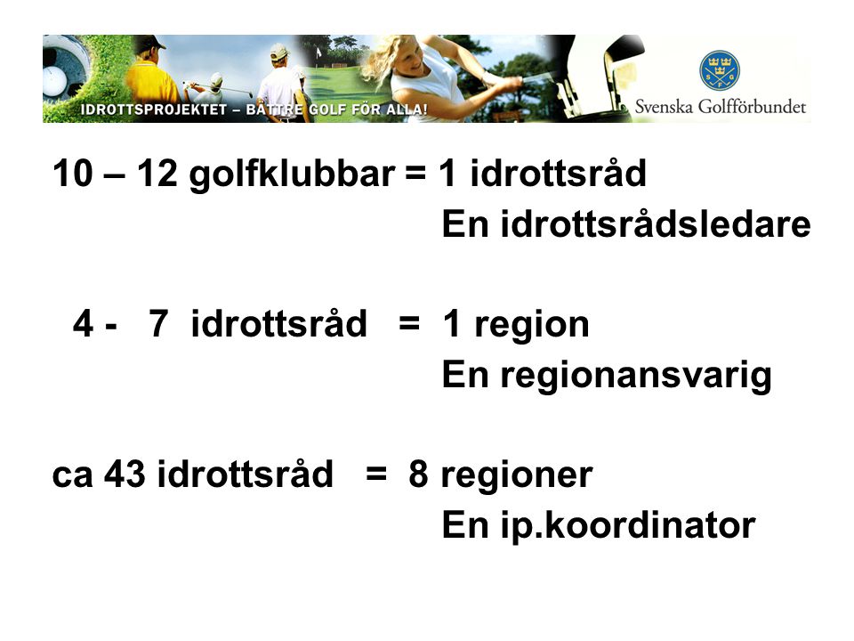 10 – 12 golfklubbar = 1 idrottsråd En idrottsrådsledare idrottsråd = 1 region En regionansvarig ca 43 idrottsråd = 8 regioner En ip.koordinator