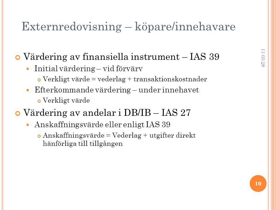 Externredovisning – köpare/innehavare Värdering av finansiella instrument – IAS 39 Initial värdering – vid förvärv Verkligt värde = vederlag + transaktionskostnader Efterkommande värdering – under innehavet Verkligt värde Värdering av andelar i DB/IB – IAS 27 Anskaffningsvärde eller enligt IAS 39 Anskaffningsvärde = Vederlag + utgifter direkt hänförliga till tillgången