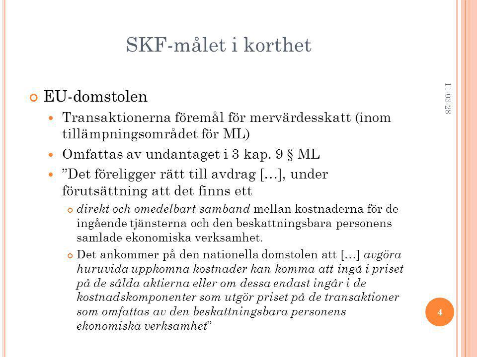 SKF-målet i korthet EU-domstolen Transaktionerna föremål för mervärdesskatt (inom tillämpningsområdet för ML) Omfattas av undantaget i 3 kap.