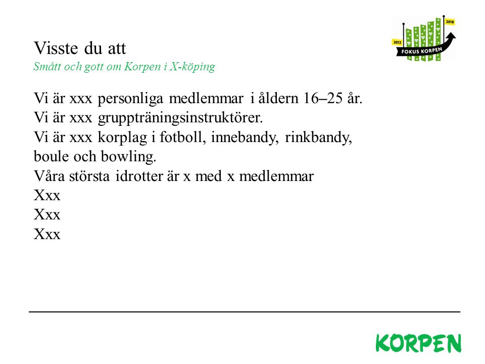 Visste du att Smått och gott om Korpen i X-köping Vi är xxx personliga medlemmar i åldern 16–25 år.