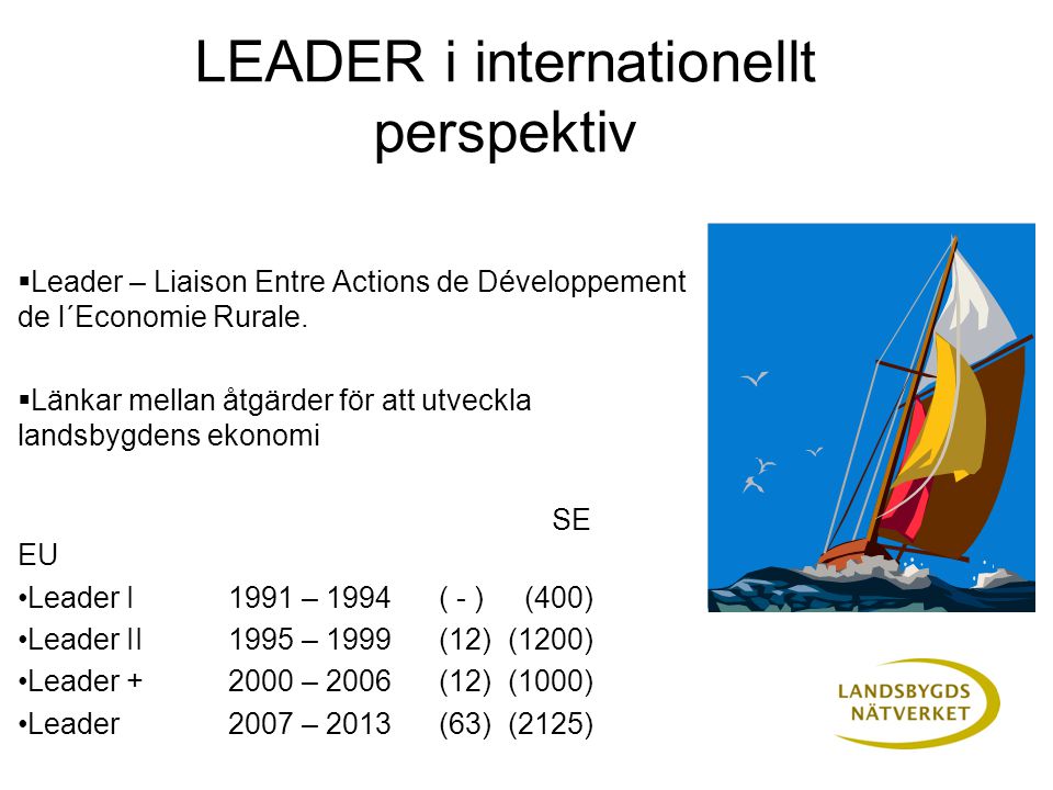 LEADER i internationellt perspektiv  Leader – Liaison Entre Actions de Développement de l´Economie Rurale.