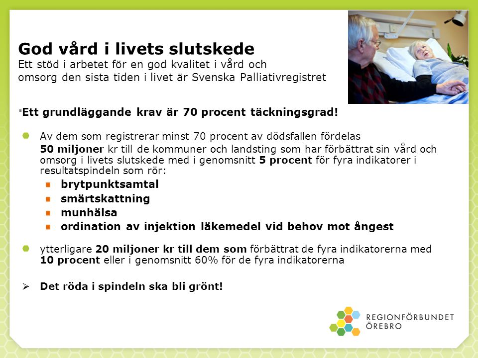 God vård i livets slutskede Ett stöd i arbetet för en god kvalitet i vård och omsorg den sista tiden i livet är Svenska Palliativregistret.