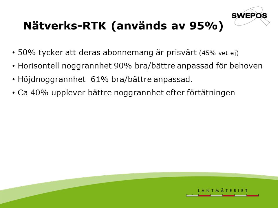 Nätverks-RTK (används av 95%) 50% tycker att deras abonnemang är prisvärt (45% vet ej) Horisontell noggrannhet 90% bra/bättre anpassad för behoven Höjdnoggrannhet 61% bra/bättre anpassad.