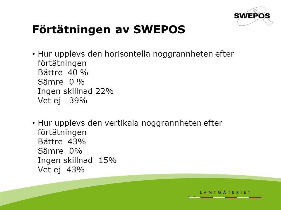 Förtätningen av SWEPOS Hur upplevs den horisontella noggrannheten efter förtätningen Bättre 40 % Sämre 0 % Ingen skillnad 22% Vet ej 39% Hur upplevs den vertikala noggrannheten efter förtätningen Bättre 43% Sämre 0% Ingen skillnad 15% Vet ej 43%