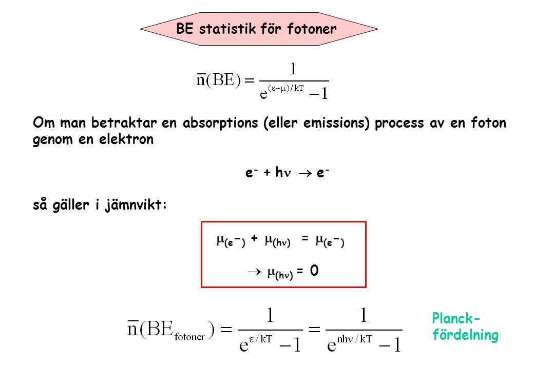 BE statistik för fotoner Om man betraktar en absorptions (eller emissions) process av en foton genom en elektron e - + h  e - så gäller i jämnvikt:  (e - ) +  (h ) =  (e - )   (h ) = 0 Planck- fördelning
