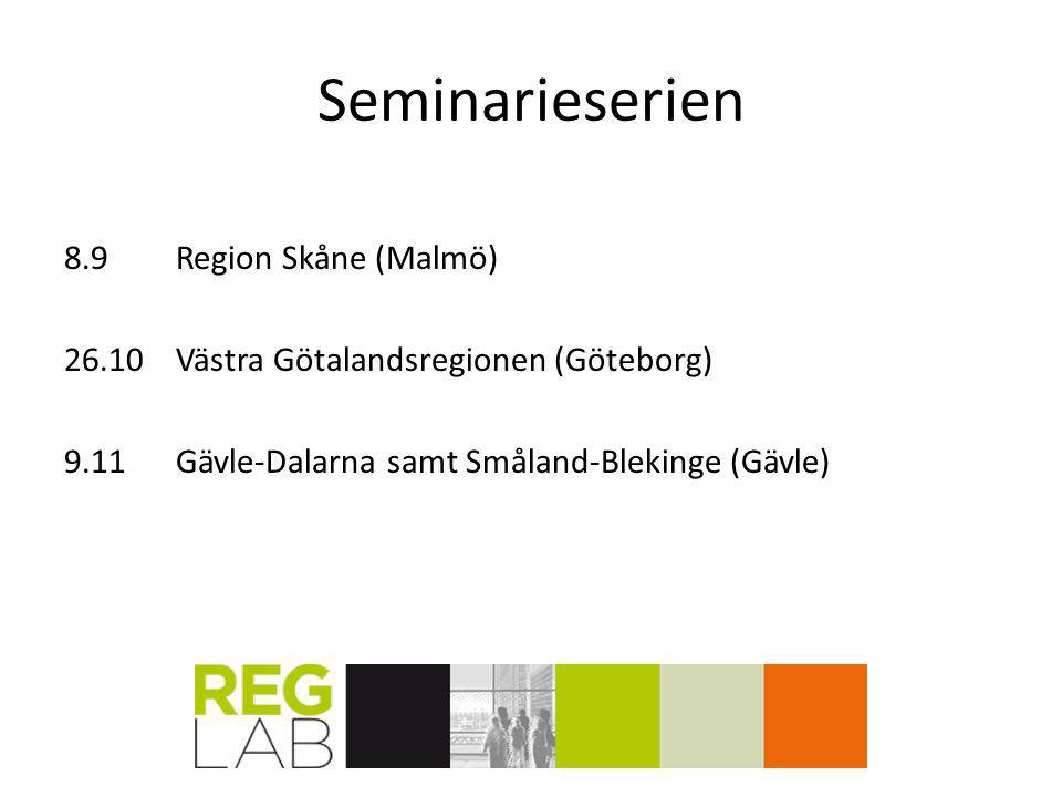 Seminarieserien 8.9Region Skåne (Malmö) 26.10Västra Götalandsregionen (Göteborg) 9.11Gävle-Dalarna samt Småland-Blekinge (Gävle)