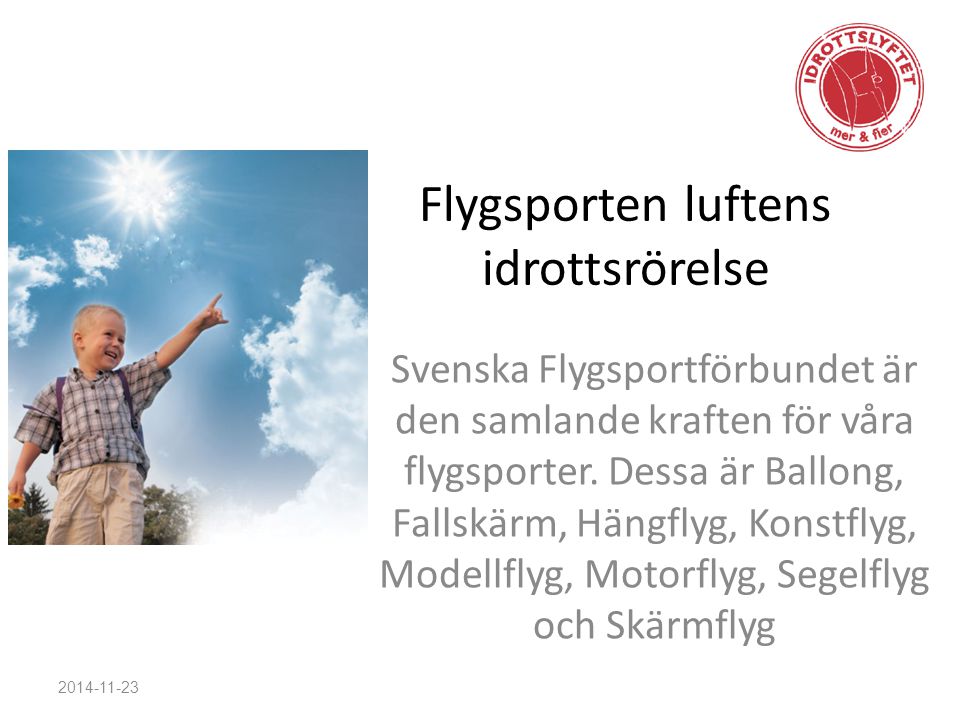 Flygsporten luftens idrottsrörelse Svenska Flygsportförbundet är den samlande kraften för våra flygsporter.