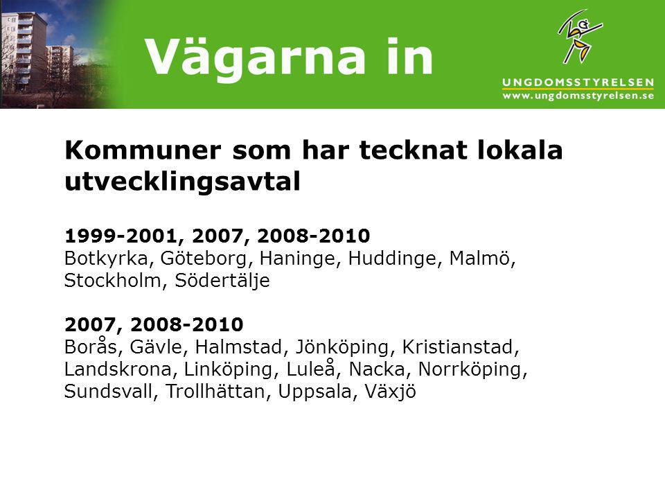Kommuner som har tecknat lokala utvecklingsavtal , 2007, Botkyrka, Göteborg, Haninge, Huddinge, Malmö, Stockholm, Södertälje 2007, Borås, Gävle, Halmstad, Jönköping, Kristianstad, Landskrona, Linköping, Luleå, Nacka, Norrköping, Sundsvall, Trollhättan, Uppsala, Växjö