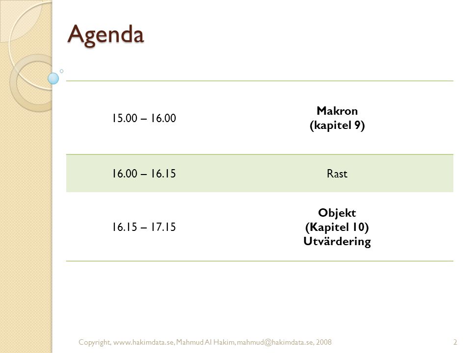 Agenda – Makron (kapitel 9) – 16.15Rast – Objekt (Kapitel 10) Utvärdering 2Copyright,   Mahmud Al Hakim, 2008