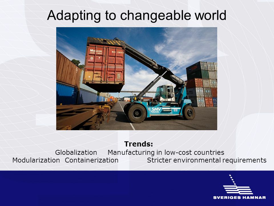 Adapting to changeable world Trends: GlobalizationManufacturing in low-cost countries Modularization Containerization Stricter environmental requirements