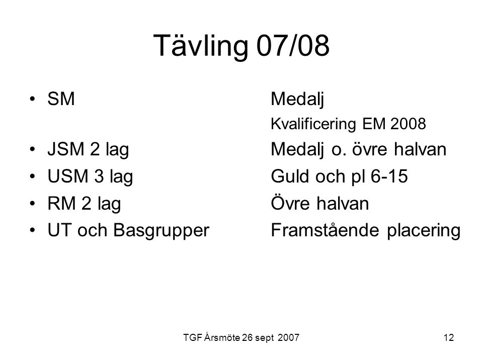 TGF Årsmöte 26 sept Tävling 07/08 SM Medalj Kvalificering EM 2008 JSM 2 lagMedalj o.